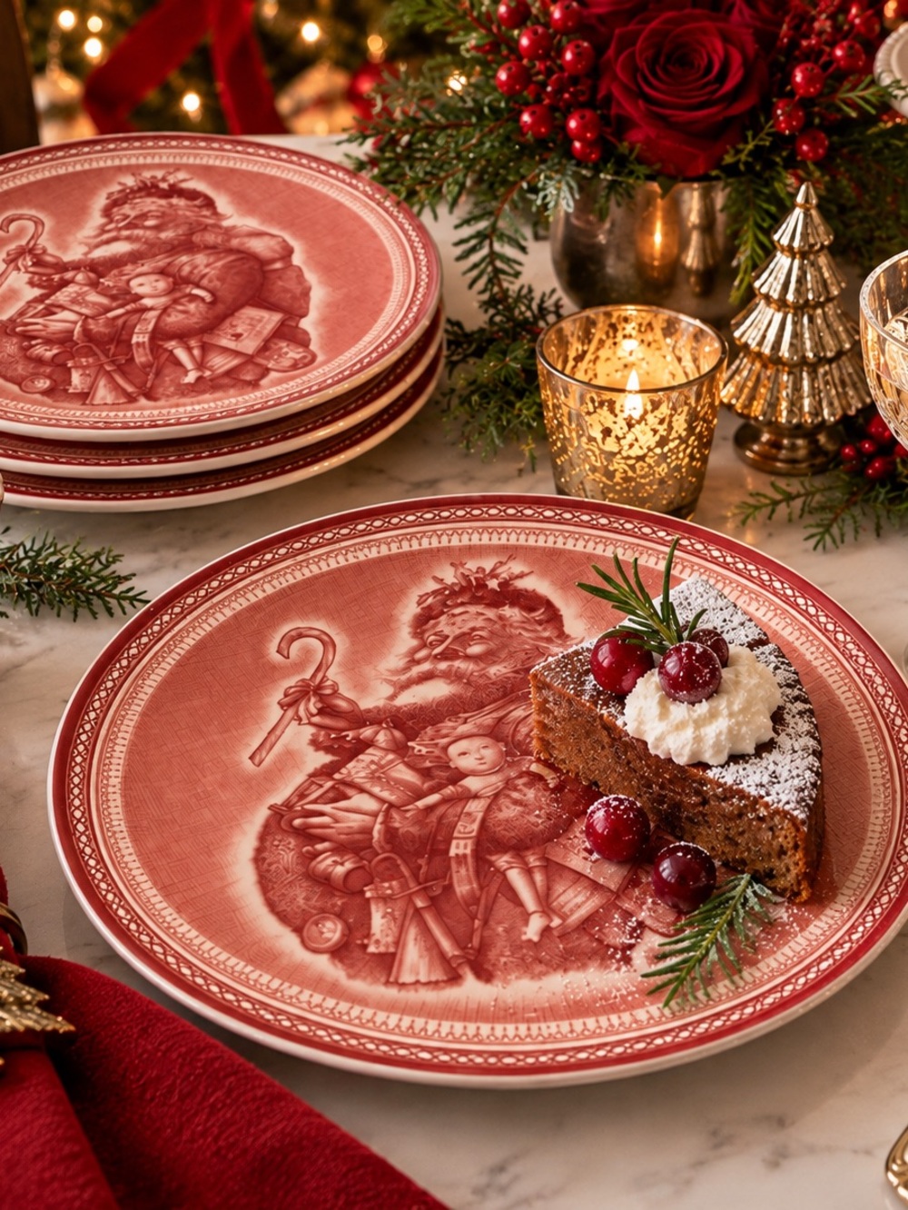 Wedgwood Williams Sonoma Saint Nick Red Transferware Christmas Plates Set of 4